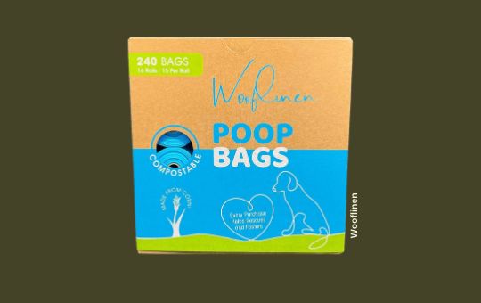 Wooflinen dog poop bags, biodegradable and compostable, designed with durable, leak-proof material for eco-friendly pet waste management.