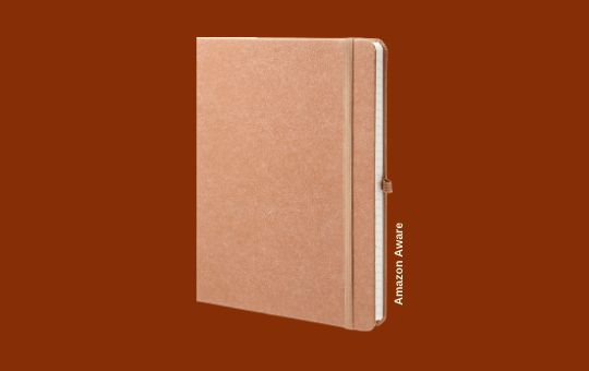 Amazon Aware hardcover notebook featuring a sleek recycled cover, sustainably sourced paper, and a professional design ideal for eco-conscious note-taking.