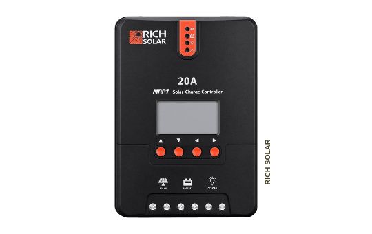 Richsolar 20AMP MPPT Solar Charge Controller featuring an LCD display for easy monitoring, high-efficiency performance, and advanced charge control for solar power systems.