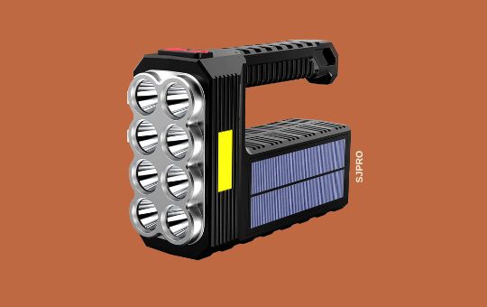 SJPRO 3000 Lumens Solar LED Flashlight, high-brightness, energy-efficient, with solar charging capabilities for reliable outdoor and emergency lighting.