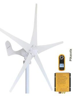 
Pikasola 400W Home Wind Turbine Generator Kit with a compact design, featuring rotating blades that harness wind energy to generate electricity, perfect for small-scale residential or off-grid power applications.