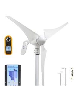 Pikasola 400W 12V Wind Turbine with streamlined blades, designed for small-scale energy needs in residential or off-grid setups, providing efficient and sustainable power generation.