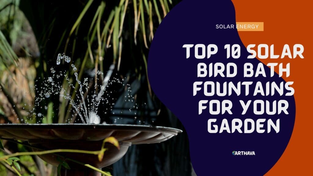 A beautiful solar bird bath fountain placed in a garden, featuring a floating solar-powered water pump creating a gentle spray of water, surrounded by lush greenery and birds enjoying the refreshing flow.