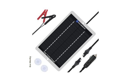 ECO-WORTHY 10W solar car battery charger and maintainer with durable solar panel, designed for 12V batteries in cars, motorcycles, boats, and RVs.