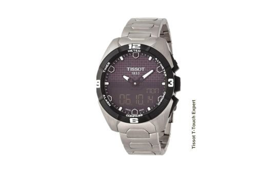 Tissot T-Touch Expert solar-powered watch featuring a sleek titanium case, touchscreen functionality, and an elegant analog-digital display.