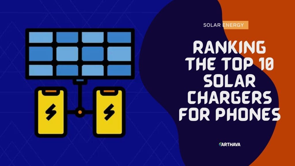 illustration of a portable solar charger placed outdoors, charging a smartphone under sunlight.
