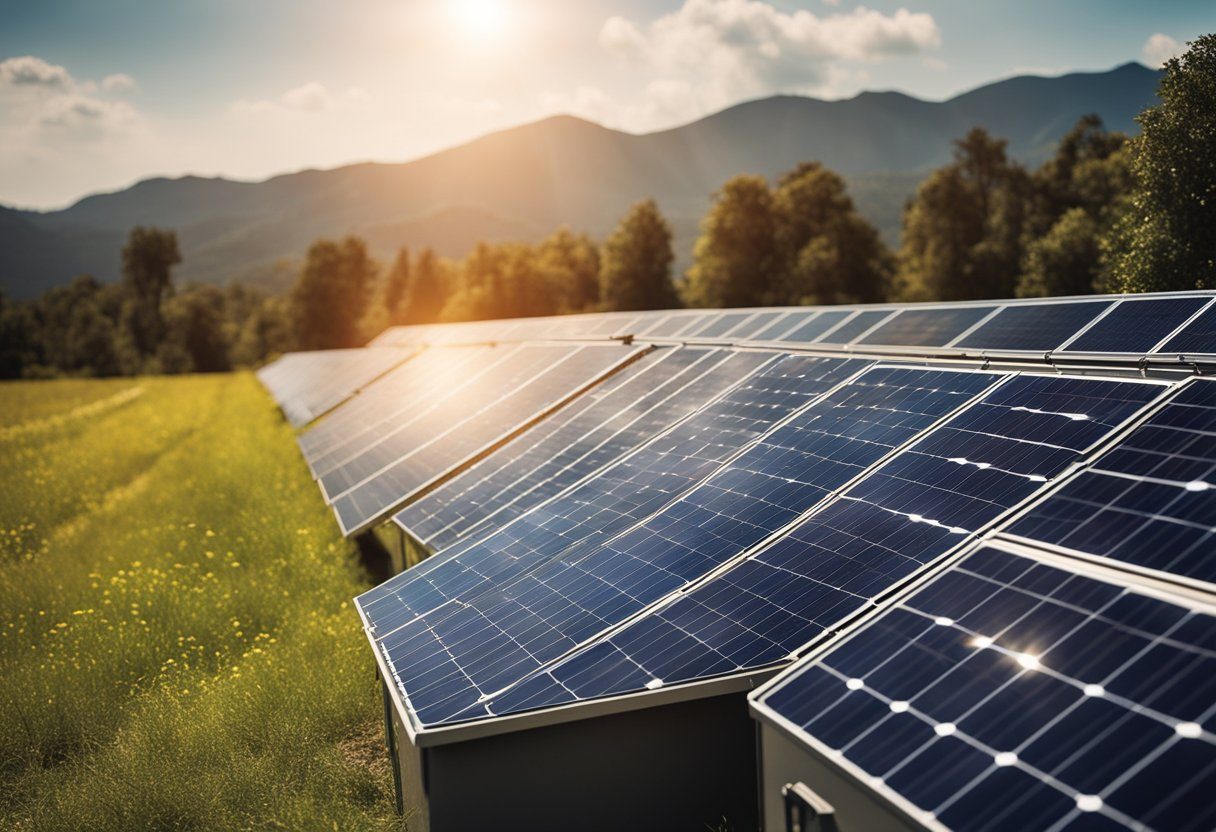 A sunny sky with solar panels storing energy in batteries, providing a sustainable and efficient power source