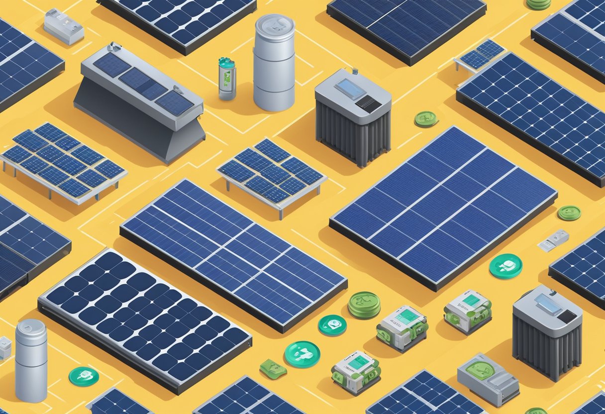 A solar panel system with batteries, surrounded by cost-related elements like dollar signs, calculators, and price tags