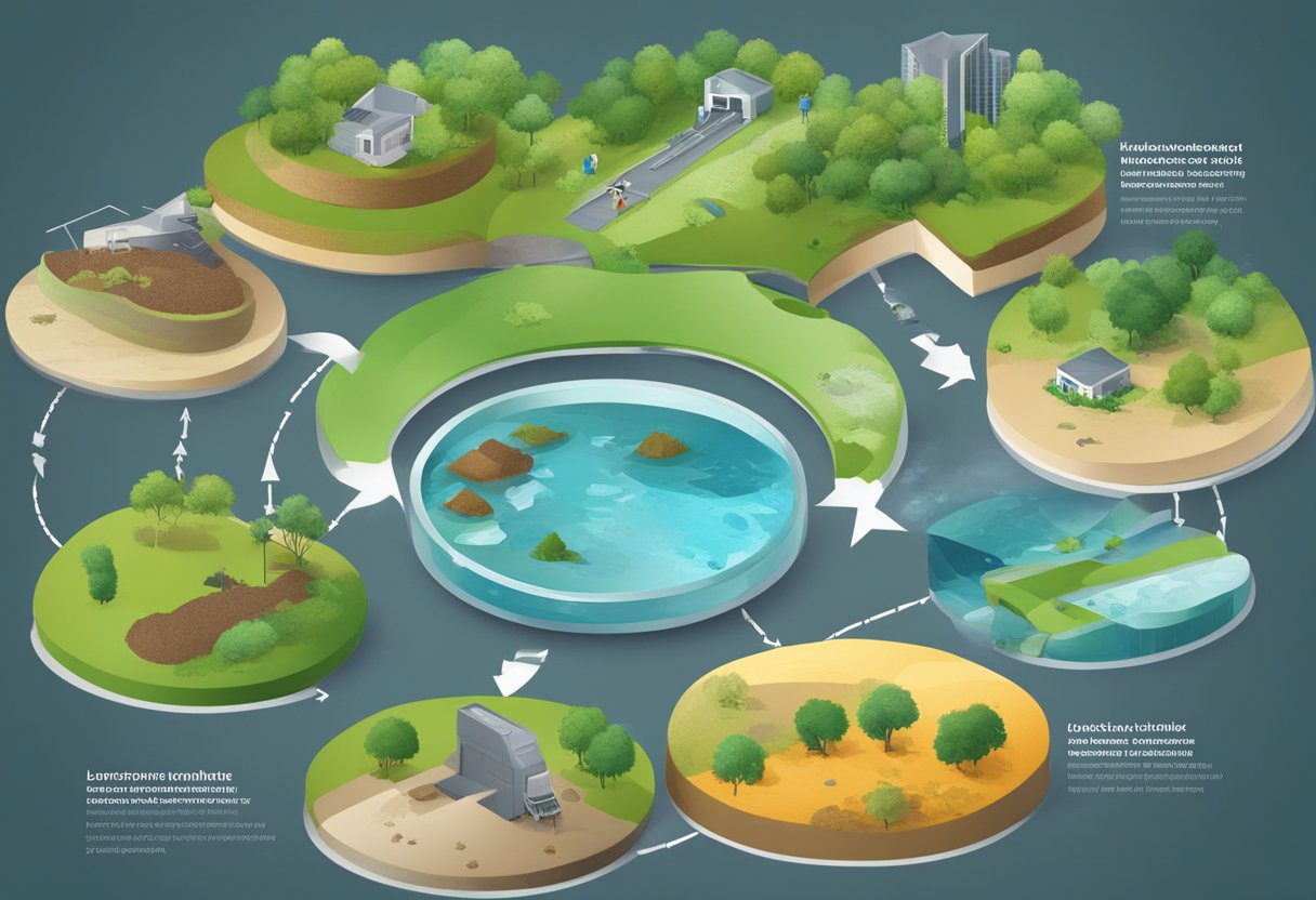 A product's lifecycle stages, from raw material extraction to disposal, are depicted. The environmental and social impacts are analyzed, emphasizing sustainability