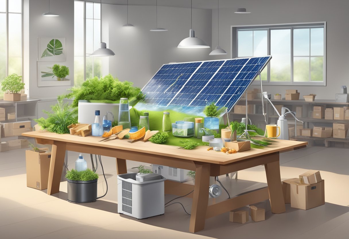 A table with eco-friendly materials and recyclable packaging, surrounded by renewable energy sources and efficient production equipment