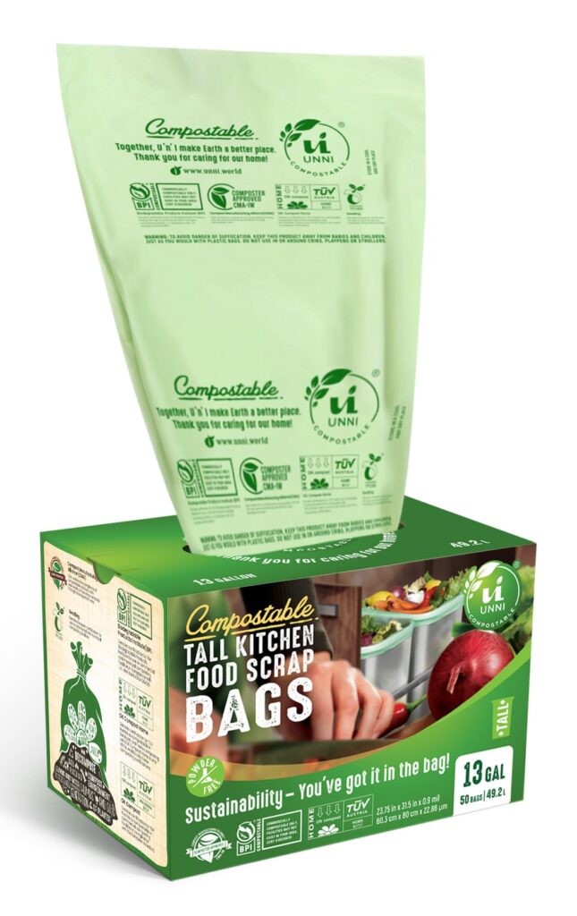 Image of UNNI Sustainable Garbage Bags, 100% compostable and certified for eco-friendly waste disposal at home and in industrial settings.