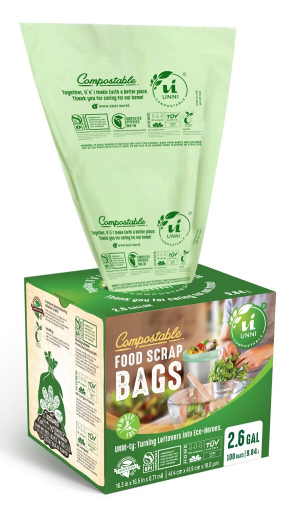 Image of UNNI Compostable Liner Bags, eco-friendly and biodegradable, ideal for lining trash cans and managing organic waste sustainably."