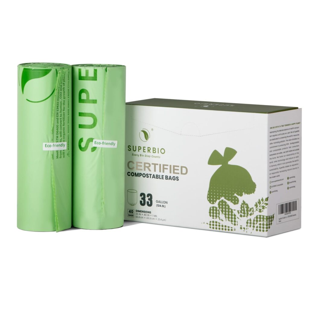 Image of SUPERBIO 33 Gallon Yard Waste Bags, large compostable bags designed for collecting yard waste and supporting eco-friendly disposal.