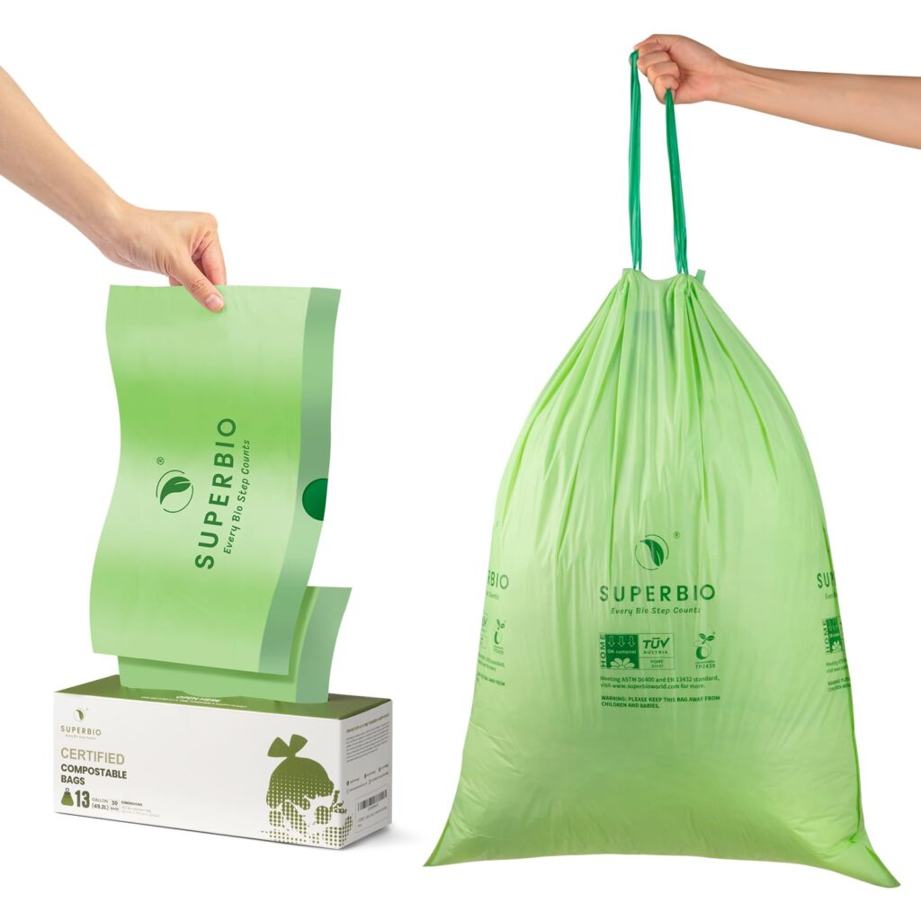 Image of SUPERBIO Compostable Garbage Bags, made from plant-based materials, offering an eco-friendly solution for waste disposal and reducing plastic waste.