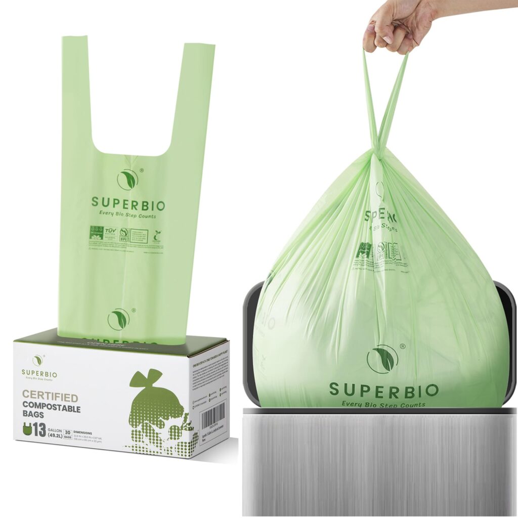 Image of SUPERBIO 13 Gallon Compostable Bags, eco-friendly and biodegradable, ideal for household waste disposal with a focus on sustainability.