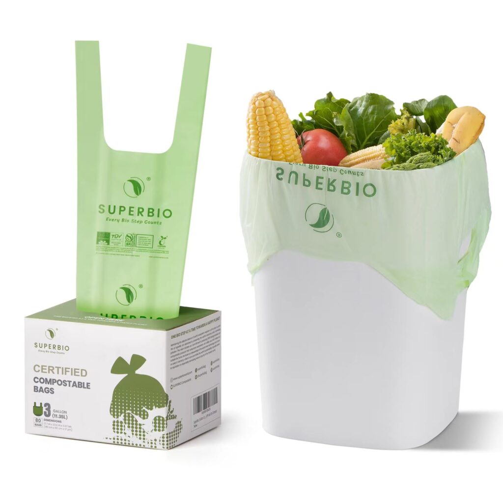 Image of SUPERBIO Compostable Garbage Bags, environmentally friendly and certified biodegradable bags for sustainable waste disposal.