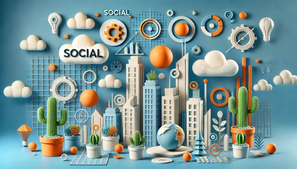 An image of a background is a vibrant blue with a futuristic cityscape made of 3D clay-like elements, including skyscrapers, clouds, and abstract symbols related to sustainability and trends. There are floating orange spheres, gears, and a planet with a ring, adding a sense of innovation and exploration. The words "social" and "sustainability" are integrated into the design, emphasizing a theme of future-forward thinking and environmental awareness. Potted plants with cacti and greenery are placed in the foreground, symbolizing eco-friendliness.