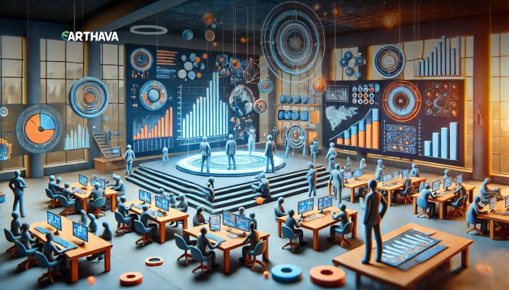 A claymation-style wide image depicting Industry Trends and Market Analysis in a futuristic business hub. Animated clay figures interact with holographic data projections, AI-driven analytics, and floating digital charts. The environment is sleek and modern, with open collaborative workspaces and high-tech presentation areas. The color palette is blue and orange, creating a professional yet visually engaging atmosphere. The background features abstract financial symbols, interconnected data nodes, and a subtle cityscape, emphasizing innovation and market insights.







