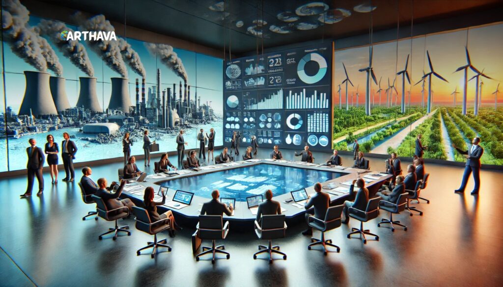A highly professional claymation-style wide image for "The Future of Eco-Friendly Products" depicting the impact of regulations on greenhouse gases. The scene features policymakers, environmental scientists, and corporate executives engaged in strategic discussions in an ultra-modern conference setting. Large interactive digital screens display data visualizations and climate-related analytics without any text. The background transitions from industrial pollution to clean energy solutions like wind turbines and solar farms, symbolizing regulatory success. The environment is sleek, futuristic, and sophisticated, emphasizing collaboration, innovation, and decision-making in environmental policies. The dominant color palette of blue and orange enhances the polished corporate aesthetic.