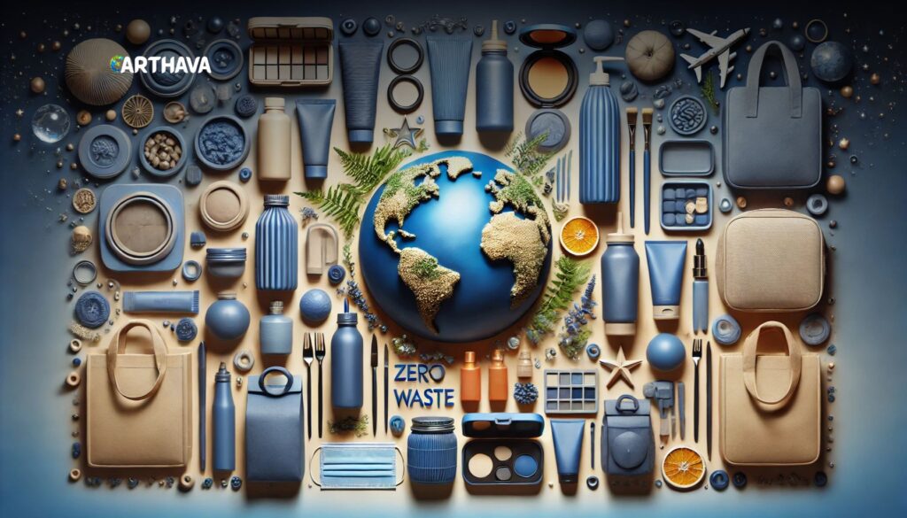 A highly professional and ultra-sleek claymation-style image showcasing zero-waste brands that are changing the world. The center features premium eco-friendly elements, including reusable containers, compostable packaging, refillable beauty products, and sustainable household items. The background is a deep, elegant blue with a subtle gradient and soft ambient lighting, while vibrant orange accents create a bold contrast, giving the design a modern and polished look.