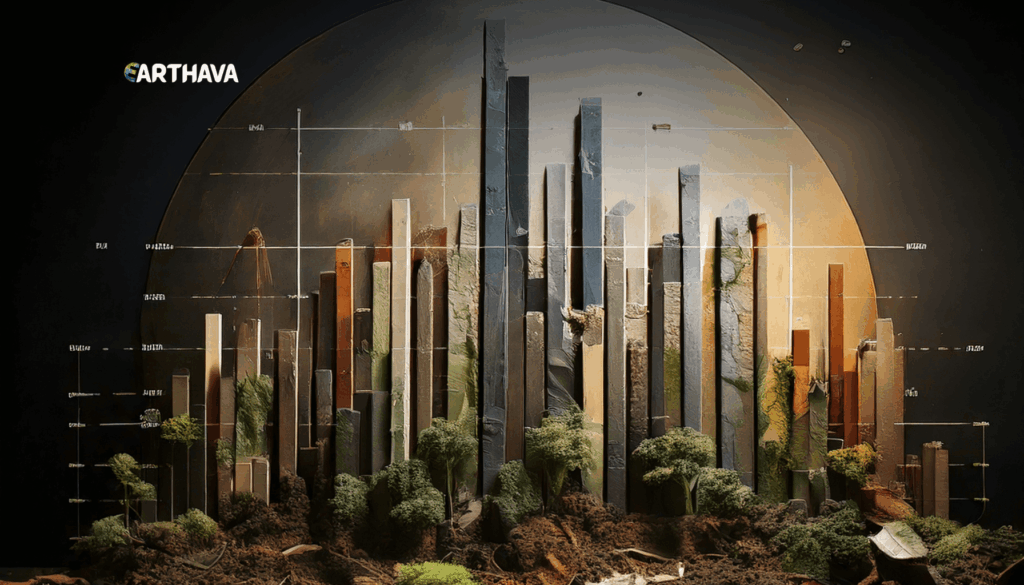 A comparative bar graph depicting the carbon footprints of various human activities, set against a backdrop of Earthava's logo. The graph rises from a dark, industrial foundation, with the bars representing different facets of daily life - transportation, home energy, food consumption, and more. The bars are rendered in shades of gray, with the most impactful activities standing tall, creating a visual hierarchy. Soft, warm lighting illuminates the scene, casting shadows that add depth and drama. The overall composition conveys the gravity of the climate crisis, while Earthava's branding suggests a sustainable solution.