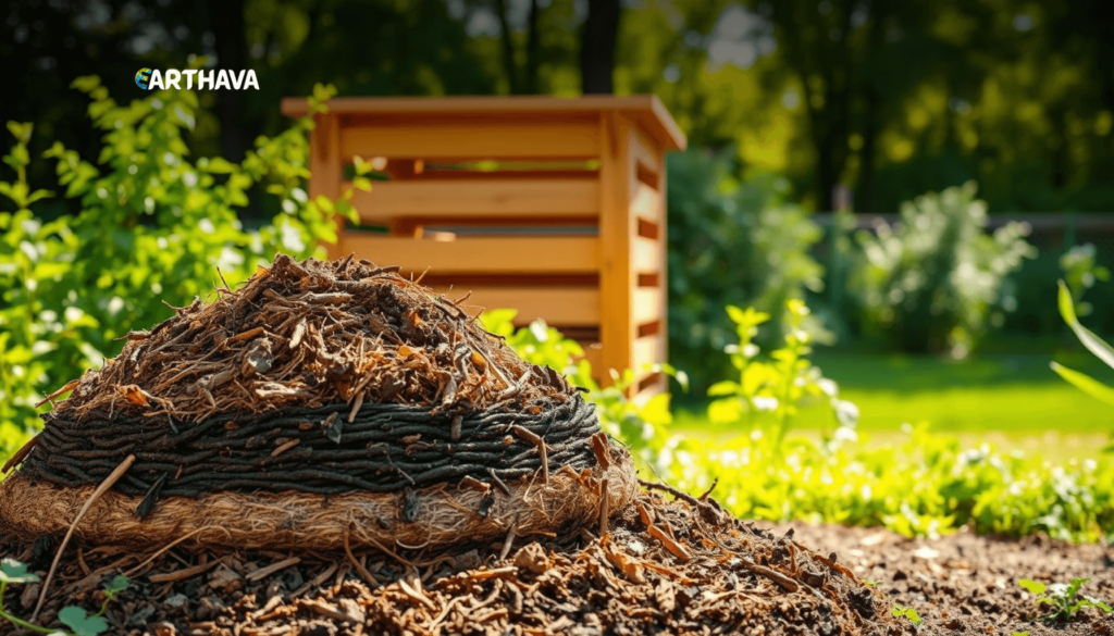 A neatly layered compost pile sits in the foreground, with alternating brown and green layers of organic matter. The middle ground features a wooden compost bin with a slatted design, surrounded by lush greenery. The background showcases a serene garden setting, with sunlight filtering through the trees and casting a warm, natural glow. The composition emphasizes the step-by-step process of building a composting system, inviting the viewer to visualize the inner workings of this sustainable practice. The image conveys a sense of order, balance, and environmental harmony, capturing the essence of starting a home compost pile.