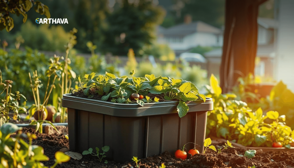 a detailed photorealistic image of the environmental benefits of home composting, showing a well-lit, sharply-focused foreground scene with a compost bin in the center surrounded by flourishing plants and vegetables, with a middle ground of a lush garden or backyard, and a soft, hazy background of a residential neighborhood, all bathed in warm, natural lighting to convey a sense of sustainability, productivity, and environmental consciousness