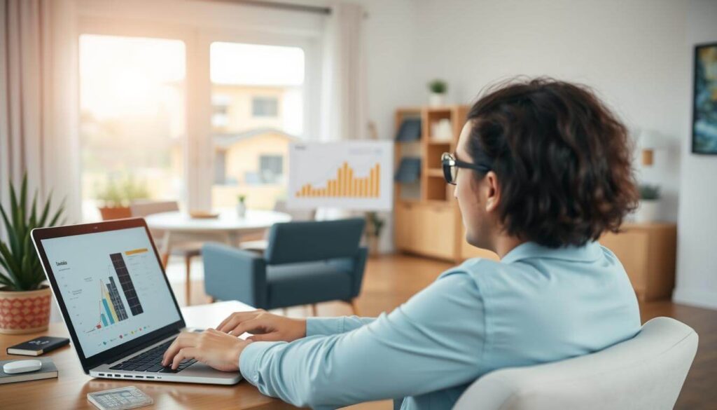 Generate an image of a person using a solar savings calculator on a laptop