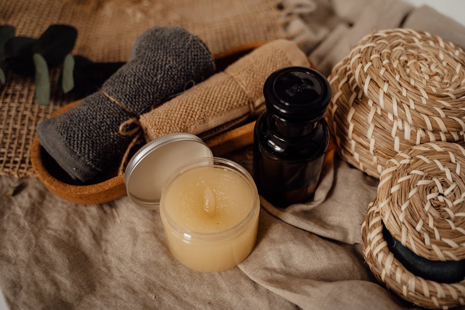 Aesthetic display of skincare essentials with towels and wicker baskets, ideal for relaxation themes.